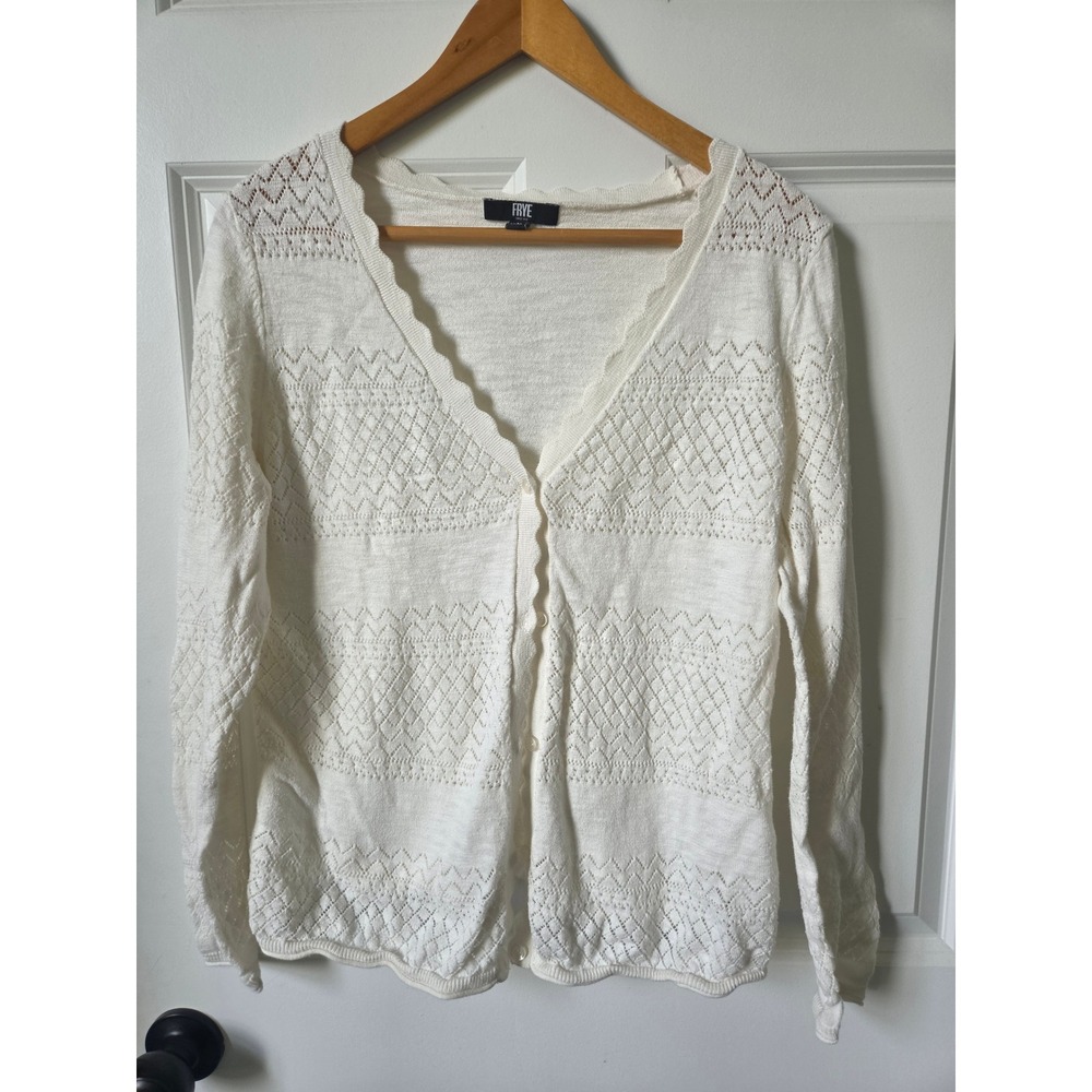 FRYE Womens M Ivory Pointelle Cardigan Sweater Scallop Boho Cottagecore Cotton
